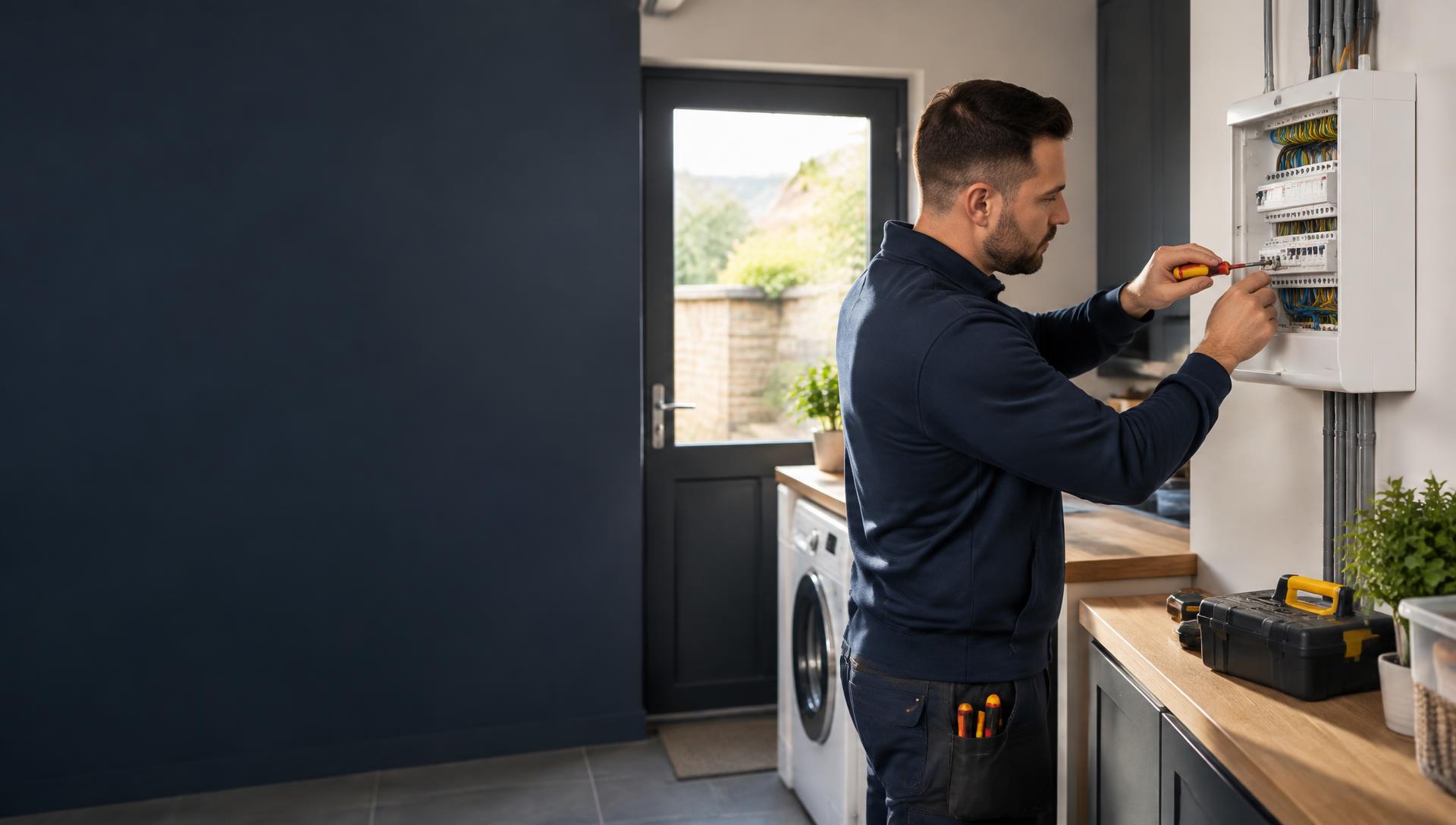 Electrician carefully working on a modern consumer unit